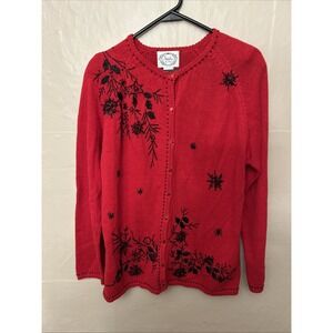 Stitches In Time Medium Red Button‎ Front Sweater Black Beading
